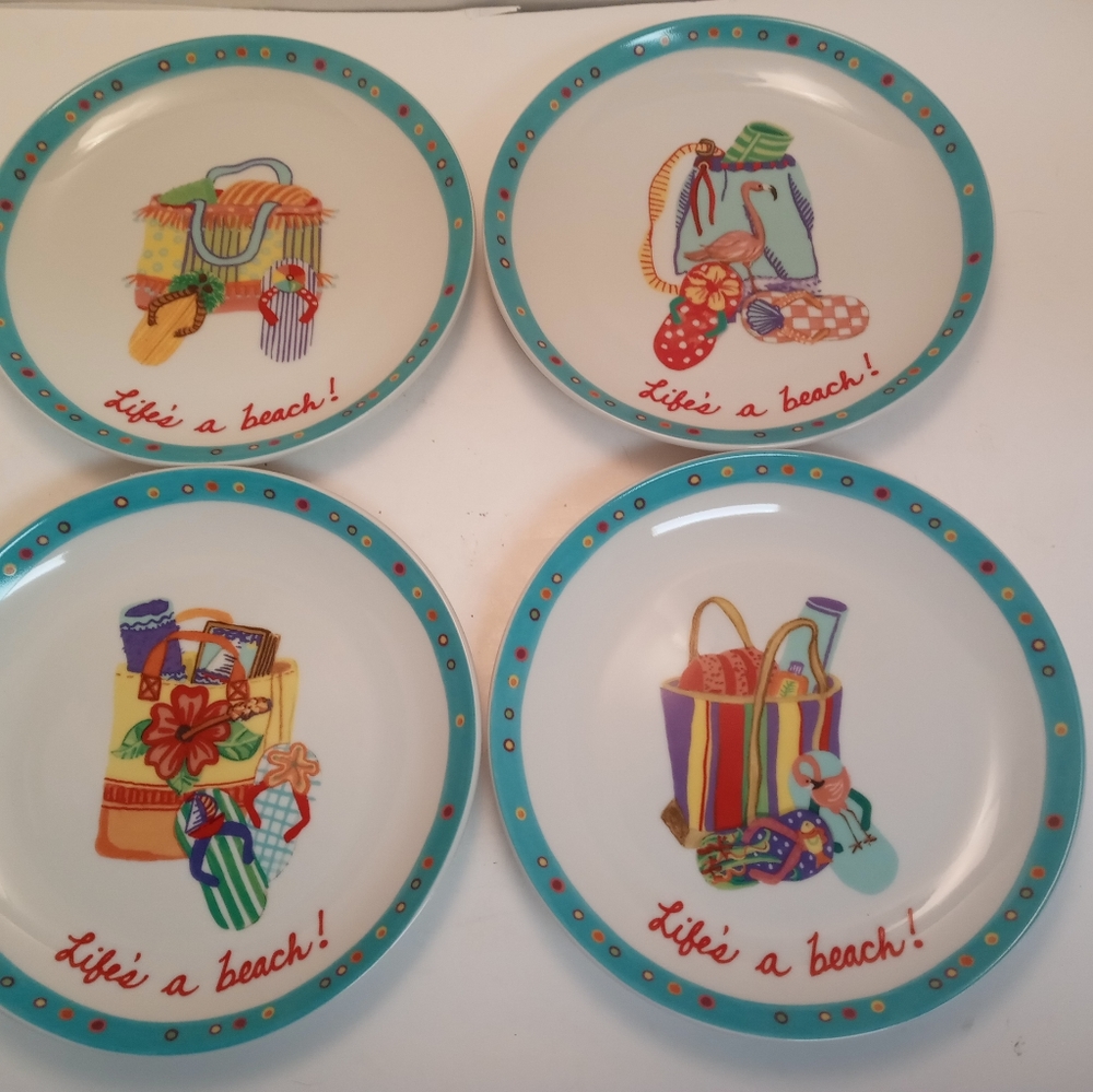 Life's a Beach dessert plates by Carol Eldridge lot of 4 flip flops